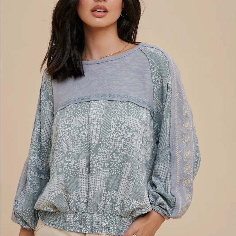 In Loom Patchwork Print Long Sleeve Top with Embroidered Sleeves in Sage